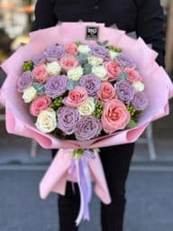 Pembe ve Lila Gül Aranjmanlı Modern Buket
